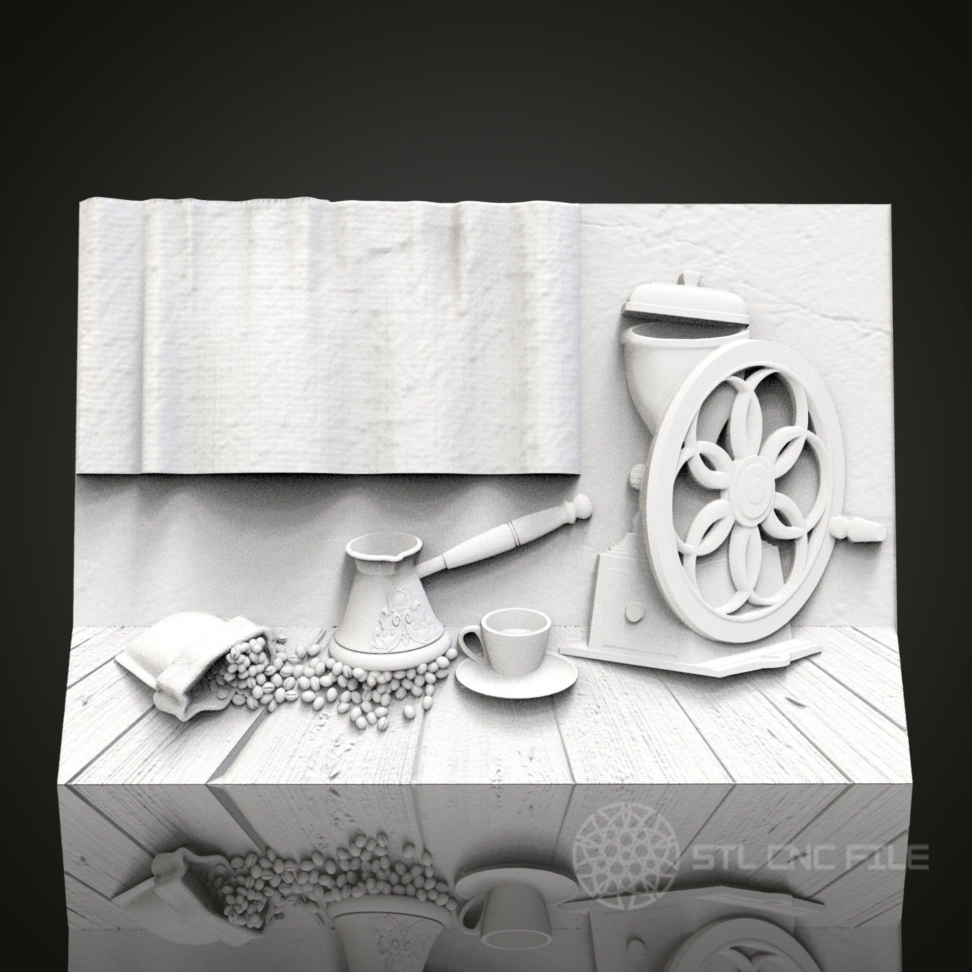 Rustic Coffee Grinder Relief - 3D CNC Engraved Wood Panel, Artcam Aspire STL Model for CNC Router, Coffee Lover's Wall Art