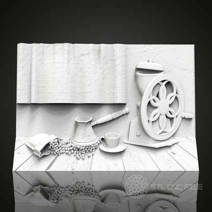 Rustic Coffee Grinder Relief - 3D CNC Engraved Wood Panel, Artcam Aspire STL Model for CNC Router, Coffee Lover's Wall Art