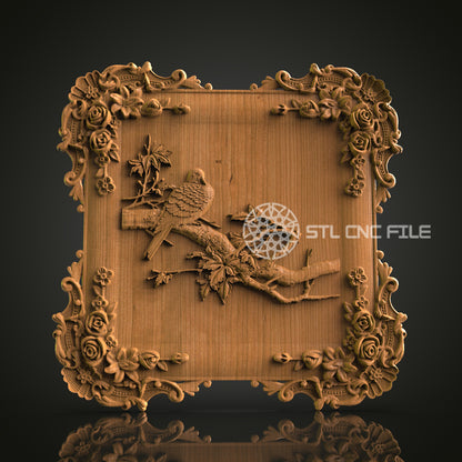 Intricate 3D Carved Bird on Branch Frame STL File for CNC and 3D Printing - Ornate Relief Art, Decorative Wall Decor, Digital Download