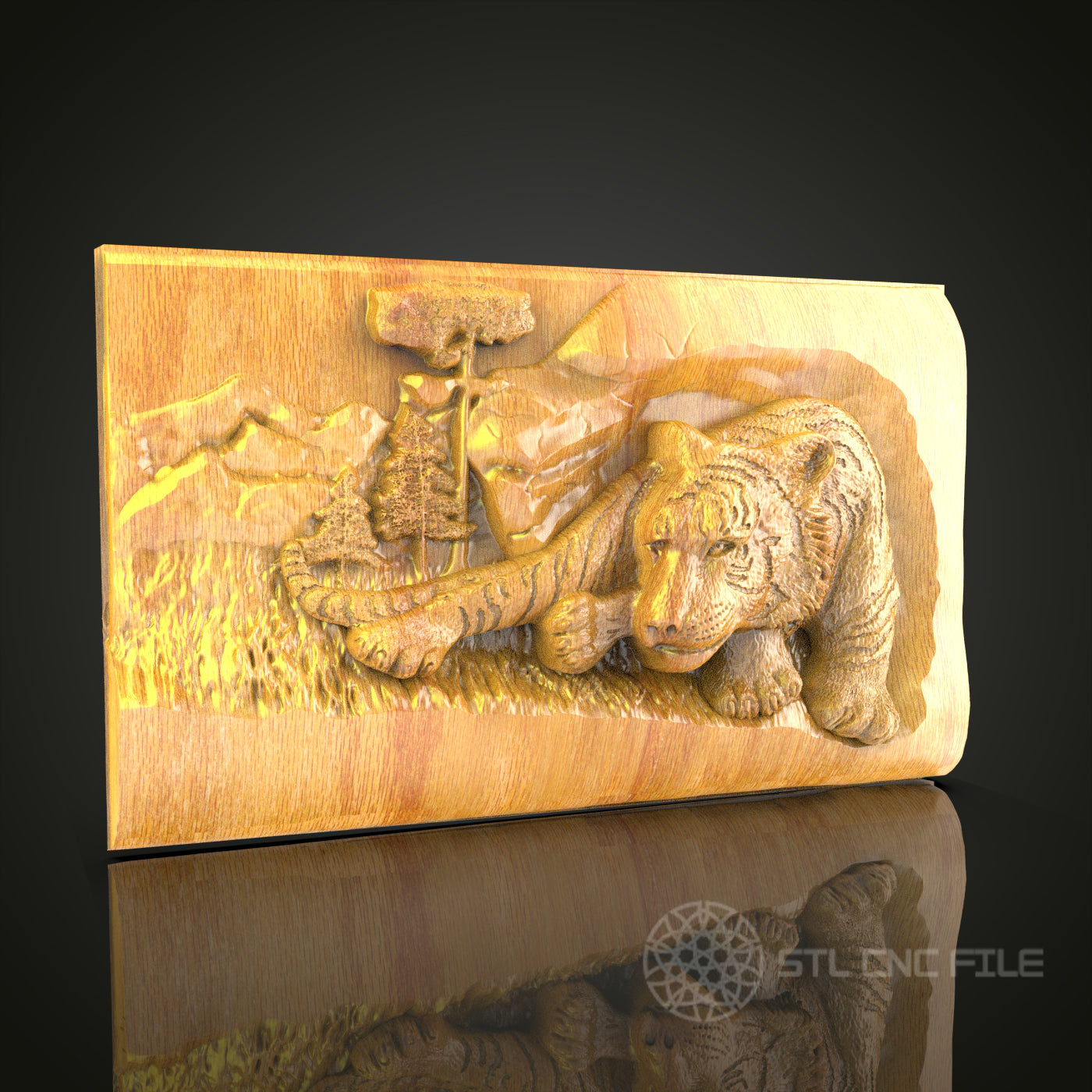 Resting Tiger & Serene Landscape CNC Carved Wall Art - Unique Wood Relief Panel, Digital STL File