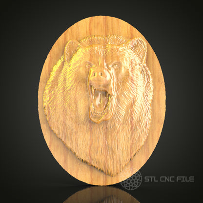Fierce Bear Portrait STL File for CNC, 3D Wood Carving, Wildlife Art, Router Engraving, Circular Wall Decor