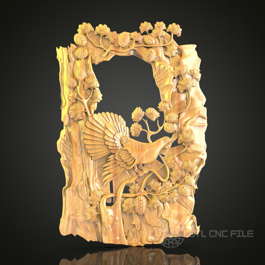 Enchanted Garden Frame 3D Relief STL File for CNC, Floral Bird Wood Wall Art