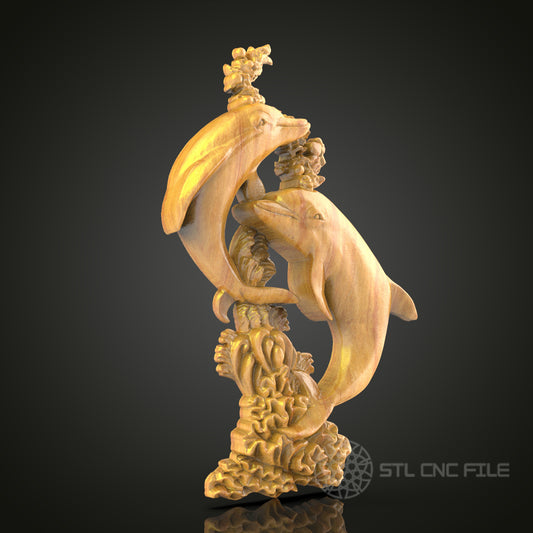 Ocean-Inspired Dolphin Duo 3D Model for CNC - Artcam, Aspire, STL, Wood Carving File