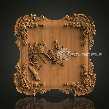 Elegant 3D Carved Bird and Floral Frame STL File for CNC and 3D Printing - Ornate Relief Art, Decorative Wall Decor, Digital Download