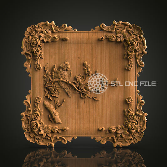 Elegant 3D Carved Bird and Floral Frame STL File for CNC and 3D Printing - Ornate Relief Art, Decorative Wall Decor, Digital Download