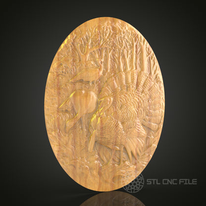 Turkey and Elk Forest Scene CNC Carving STL File