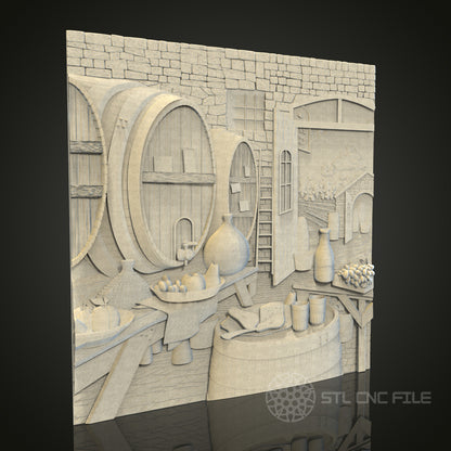Intricate Winery Scene Relief STL Model for CNC and 3D Printing, Artcam, Aspire, Wall Decor