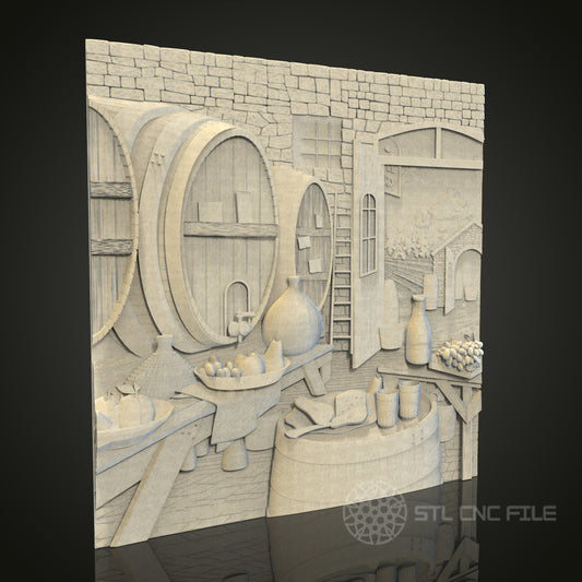 Intricate Winery Scene Relief STL Model for CNC and 3D Printing, Artcam, Aspire, Wall Decor