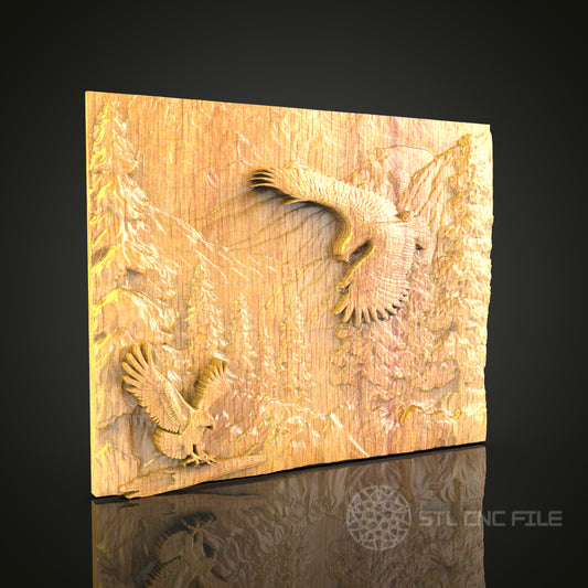 Forest Hawks 3D Relief Model for CNC – Birds of Prey Wood Carving, Art File