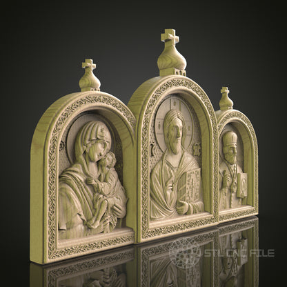 Orthodox Religious Triptych Relief STL Model for CNC Router, Aspire, Artcam, 3D Printer, Wall Decor, Wood Art