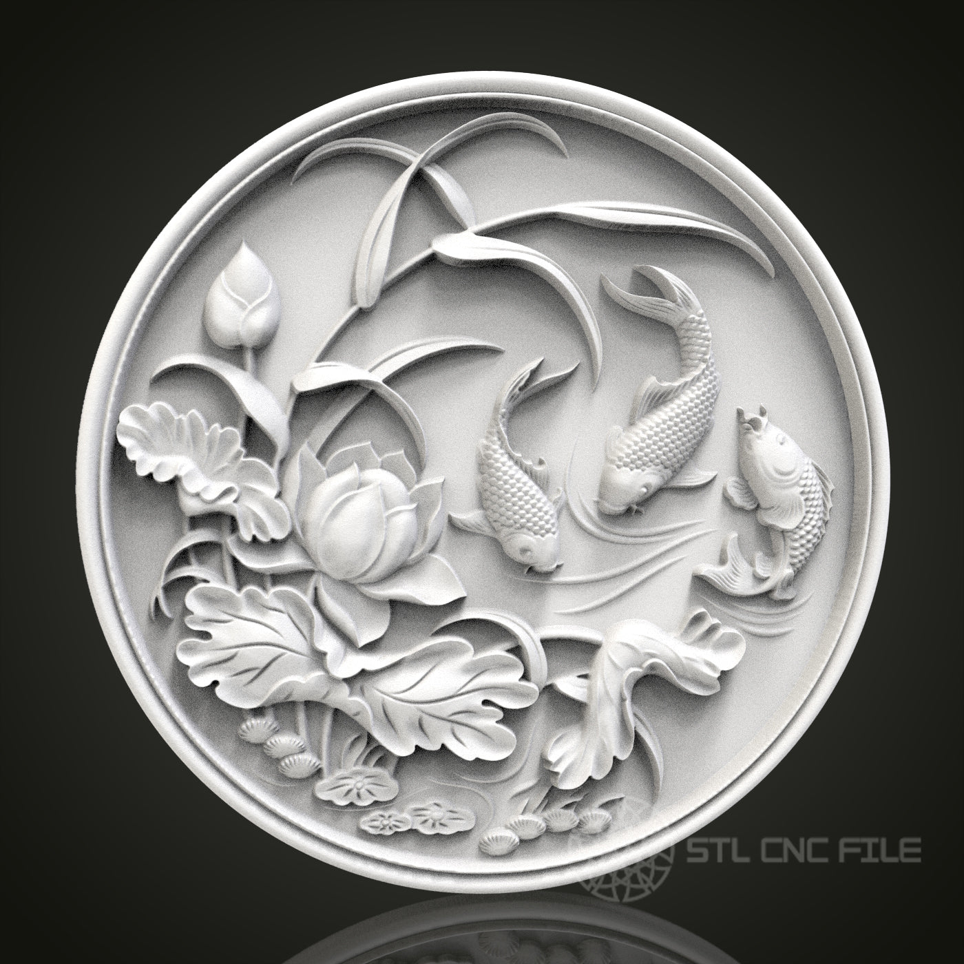 Koi Serenity - Round 3D CNC Engraved Wood Panel, Artcam Aspire STL Model for CNC Router, Tranquil Asian Art