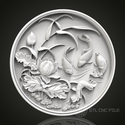 Koi Serenity - Round 3D CNC Engraved Wood Panel, Artcam Aspire STL Model for CNC Router, Tranquil Asian Art