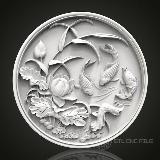Koi Serenity - Round 3D CNC Engraved Wood Panel, Artcam Aspire STL Model for CNC Router, Tranquil Asian Art