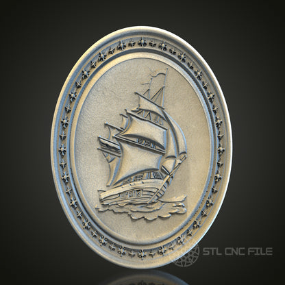Round Sailing Ship Plaque 3D STL File, CNC and 3D Printer Model, Nautical Art, Artcam Aspire, Maritime Wall Decor