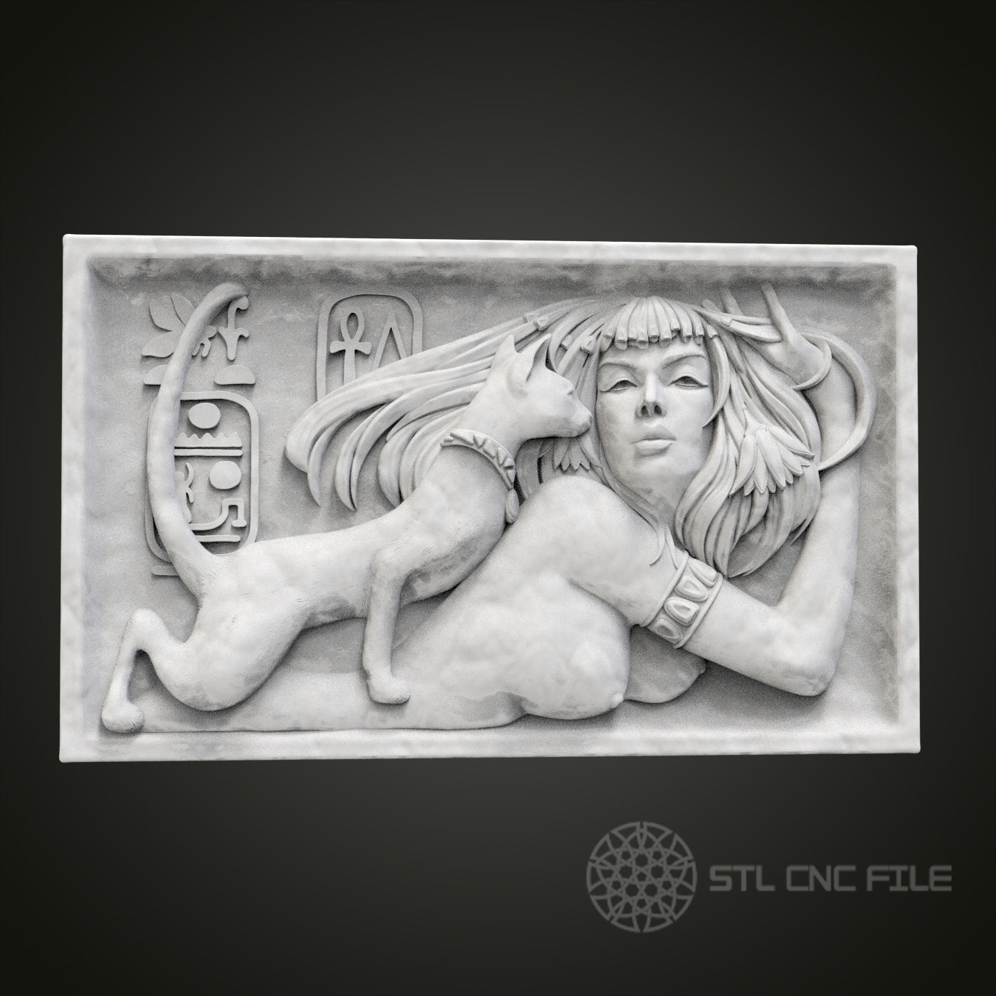 Elegant Egyptian Cat and Woman Relief STL Model for CNC Router Engraver, Artcam, Aspire, Wood Art Wall Decor