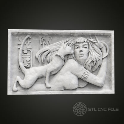Elegant Egyptian Cat and Woman Relief STL Model for CNC Router Engraver, Artcam, Aspire, Wood Art Wall Decor