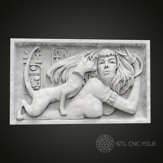Elegant Egyptian Cat and Woman Relief STL Model for CNC Router Engraver, Artcam, Aspire, Wood Art Wall Decor