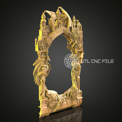 Fantasy Castle and Dragon Mirror Frame STL File, Epic CNC Router Design for Enthusiasts