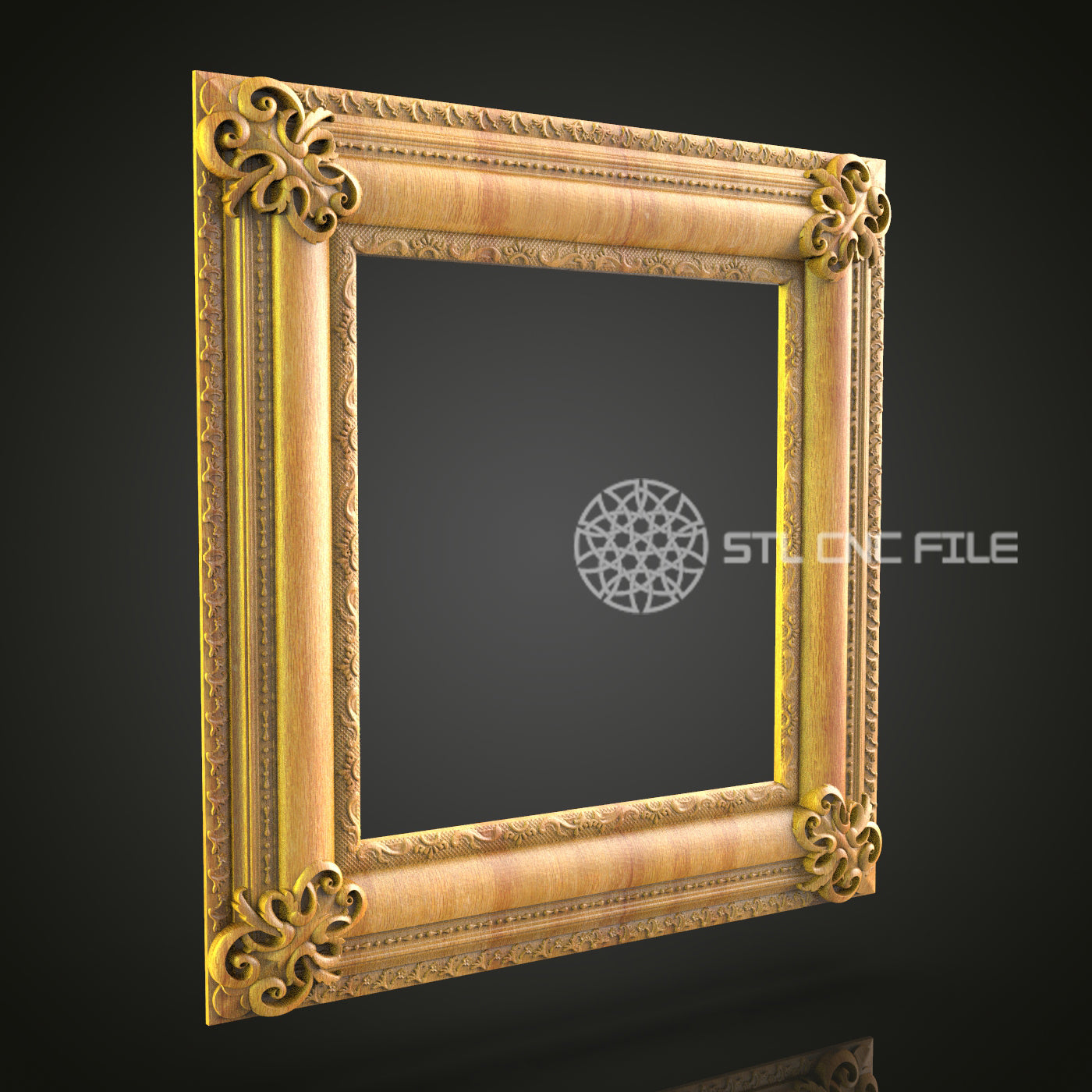 Elegant Square Mirror Frame STL Model with Ornamental Corners, CNC Router File