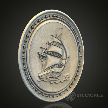 Round Sailing Ship Plaque 3D STL File, CNC and 3D Printer Model, Nautical Art, Artcam Aspire, Maritime Wall Decor