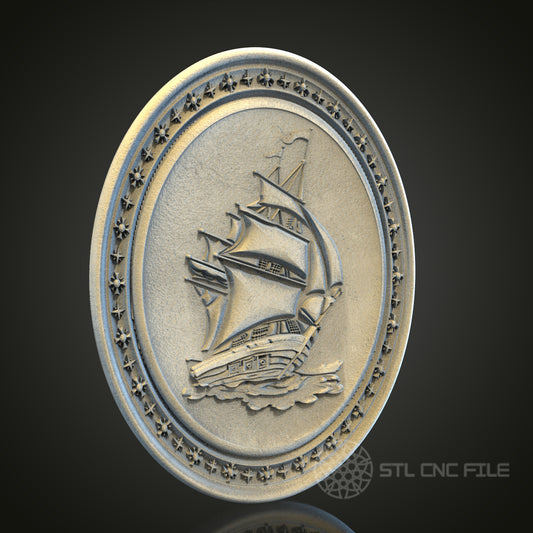 Round Sailing Ship Plaque 3D STL File, CNC and 3D Printer Model, Nautical Art, Artcam Aspire, Maritime Wall Decor