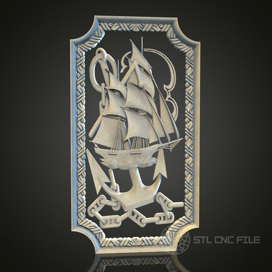 Antique Ship and Map 3D STL FSailing Ship with Anchor 3D STL File, CNC and 3D Printer Model, Nautical Art, Artcam Aspire, Maritime Wall Decorile, CNC and 3D Printer Model, Nautical Art, Artcam Aspire, Vintage Wall Decor (Copie)