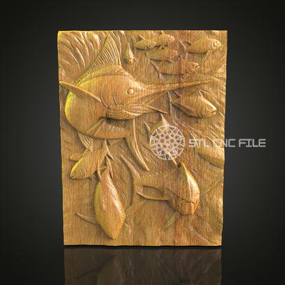 Dynamic Fish Scene CNC Carving File - Aquatic Wood Art for CNC Router, Compatible with Artcam, Aspire