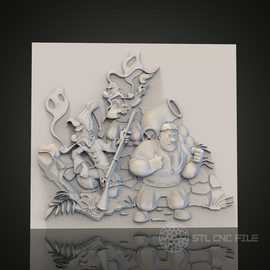 Whimsical Cartoon Characters Relief STL Model for CNC Router Engraver, Artcam, Aspire, Wood Art Wall Decor