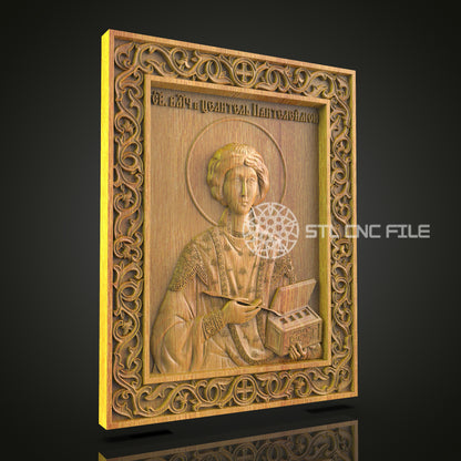 Saint Pantaleon CNC Engraved Panel - Orthodox Christian Art, Religious Wood Carving