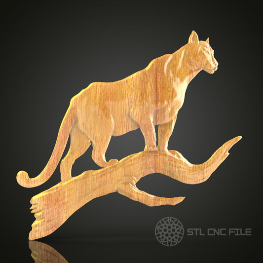Graceful Mountain Lion on Branch CNC Carving STL File