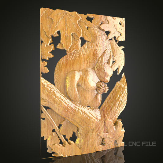Autumn Squirrel Relief – CNC Router STL Model for Wood Decor