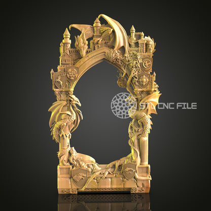 Fantasy Castle and Dragon Mirror Frame STL File, Epic CNC Router Design for Enthusiasts