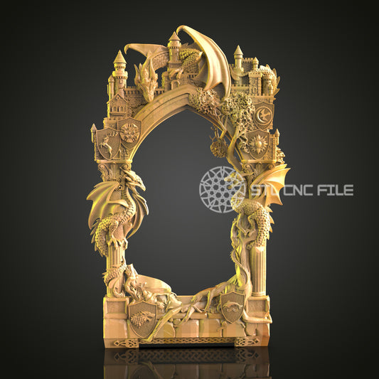 Fantasy Castle and Dragon Mirror Frame STL File, Epic CNC Router Design for Enthusiasts