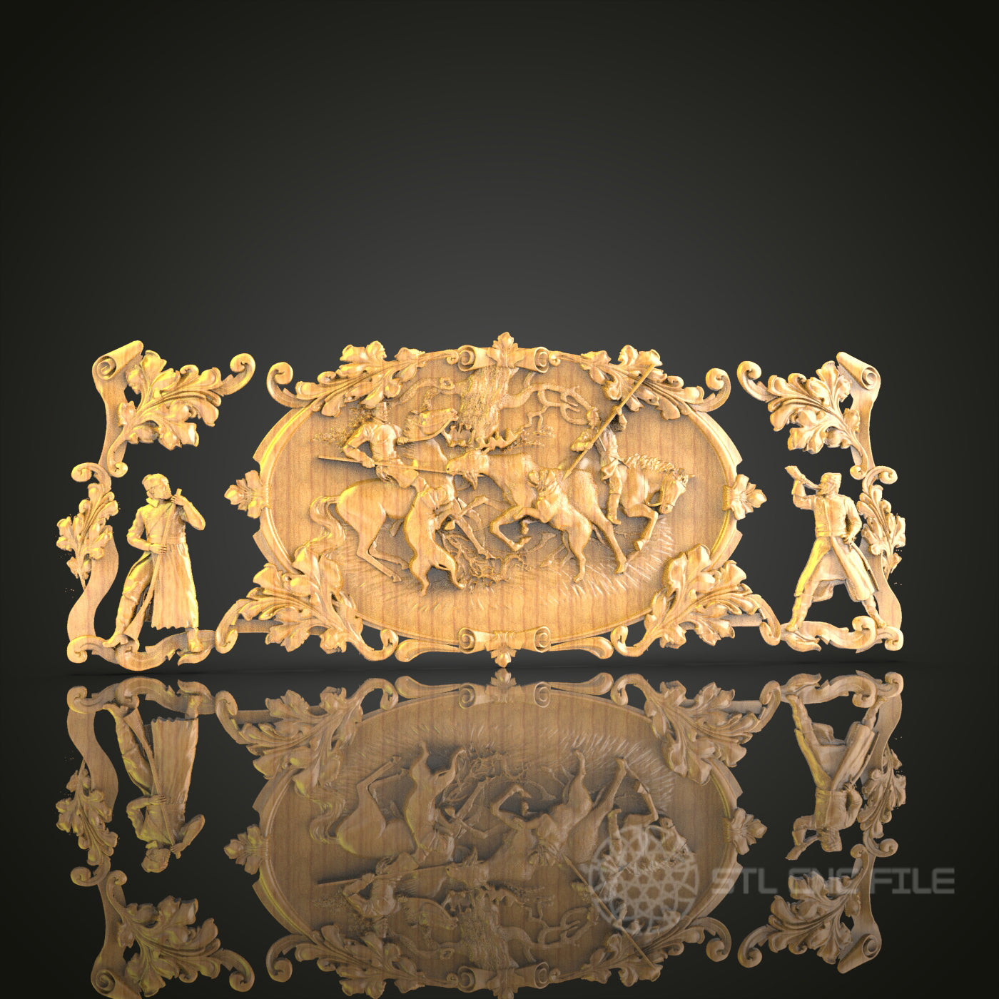 Baroque Inspired Horse and Figures CNC Carved Wall Decor - Artcam, Aspire, STL Model, Wood Art