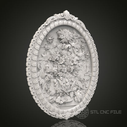Floral Majesty - Ornate Oval 3D CNC Engraved Wood Frame, Artcam Aspire STL Model for CNC Router, Luxurious Wall Art