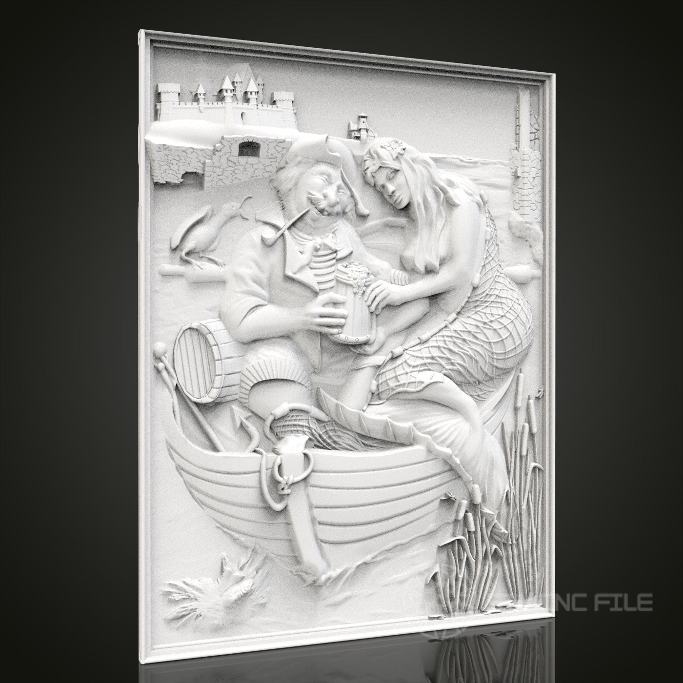 Nautical Tales - Sailor and Mermaid 3D CNC Engraved Wood Panel, Artcam Aspire STL Model for CNC Router, Whimsical Marine Art