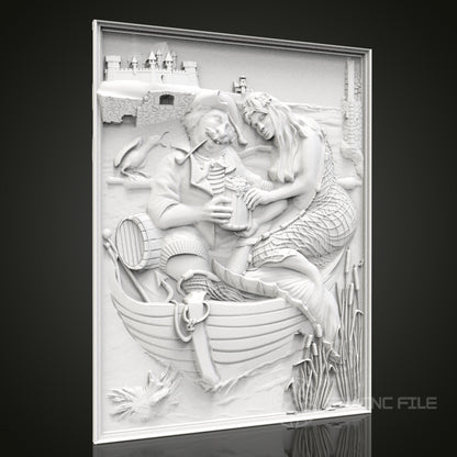 Nautical Tales - Sailor and Mermaid 3D CNC Engraved Wood Panel, Artcam Aspire STL Model for CNC Router, Whimsical Marine Art