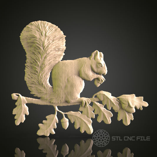 Squirrel on Oak Branch 3D Model STL File, Forest Creature for CNC Router – Compatible with Artcam, Aspire