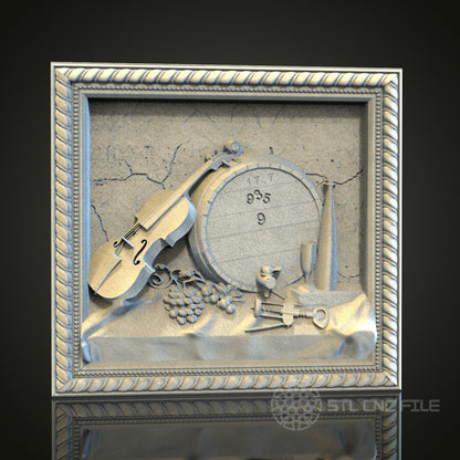 Vintage Wine and Violin Relief | STL Model for CNC Router, 3D Printer | Aspire, Artcam, CNC Files