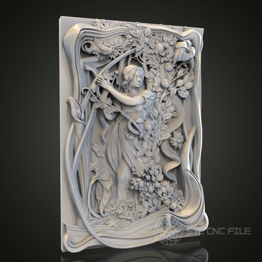 Nature's Muse - Classical Woman and Flora 3D CNC Engraved Wood Panel, Artcam Aspire STL Model for CNC Router, Elegant Wall Art
