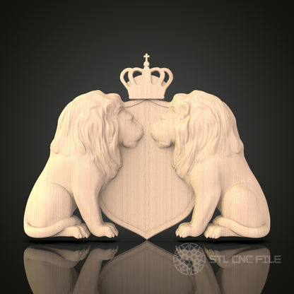 Regal Lions Crest 3D Model STL File, Royal Heraldic Emblem for CNC Router – Compatible with Artcam, Aspire