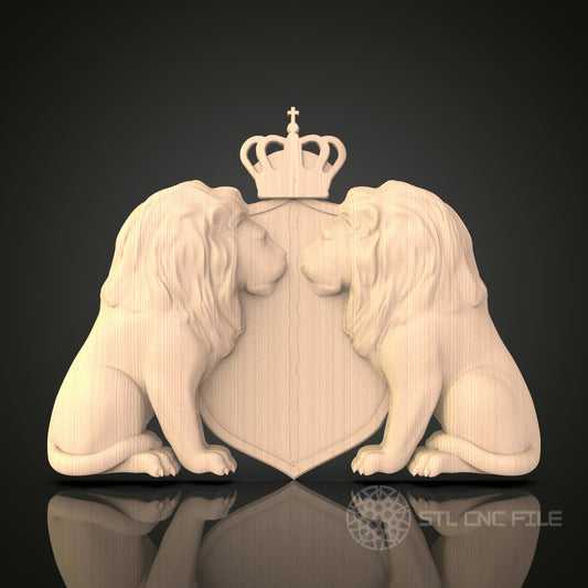 Regal Lions Crest 3D Model STL File, Royal Heraldic Emblem for CNC Router – Compatible with Artcam, Aspire