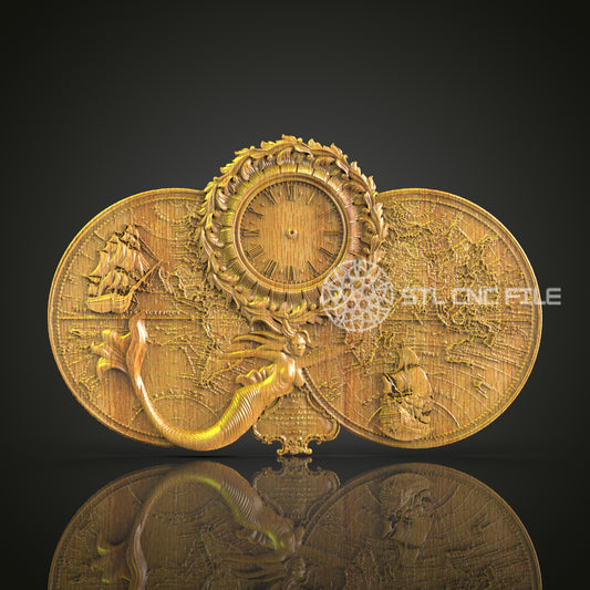 Explorers' Voyage 3D STL Clock Model - CNC Carving, World Map Art, Nautical Wall Decor, Artcam Aspire Files, Timepiece Engraving Design