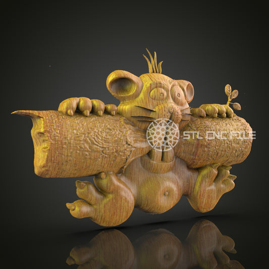 Playful Rodent with Log 3D STL Model, Perfect for CNC Wood Engraving, Artcam & Aspire, Charming Wall Art for Home Decor