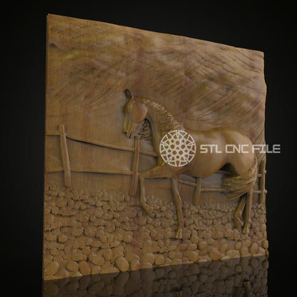 Rustic Horse Scenery - STL Model for CNC Routers, Wood Engraving File, ArtcamAspire, Equestrian Wall Decor, Countryside Art