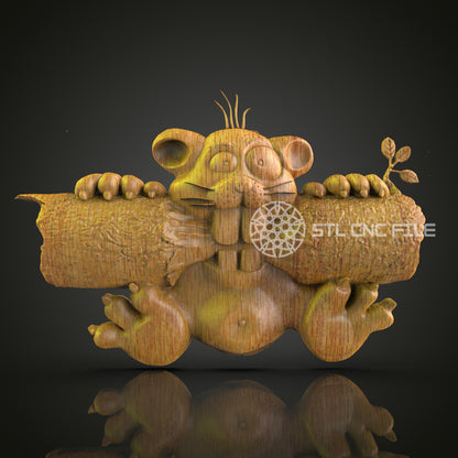 Playful Rodent with Log 3D STL Model, Perfect for CNC Wood Engraving, Artcam & Aspire, Charming Wall Art for Home Decor