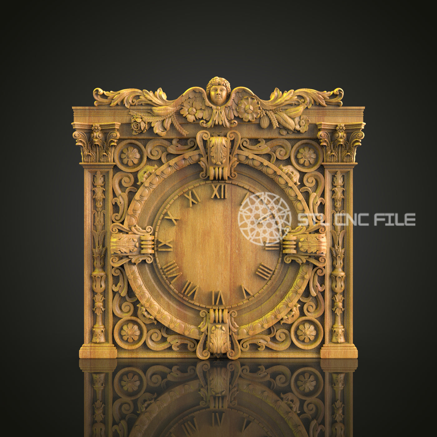 Renaissance Mantel Clock STL, CNC Carving Art, Luxe Wall Decor Design