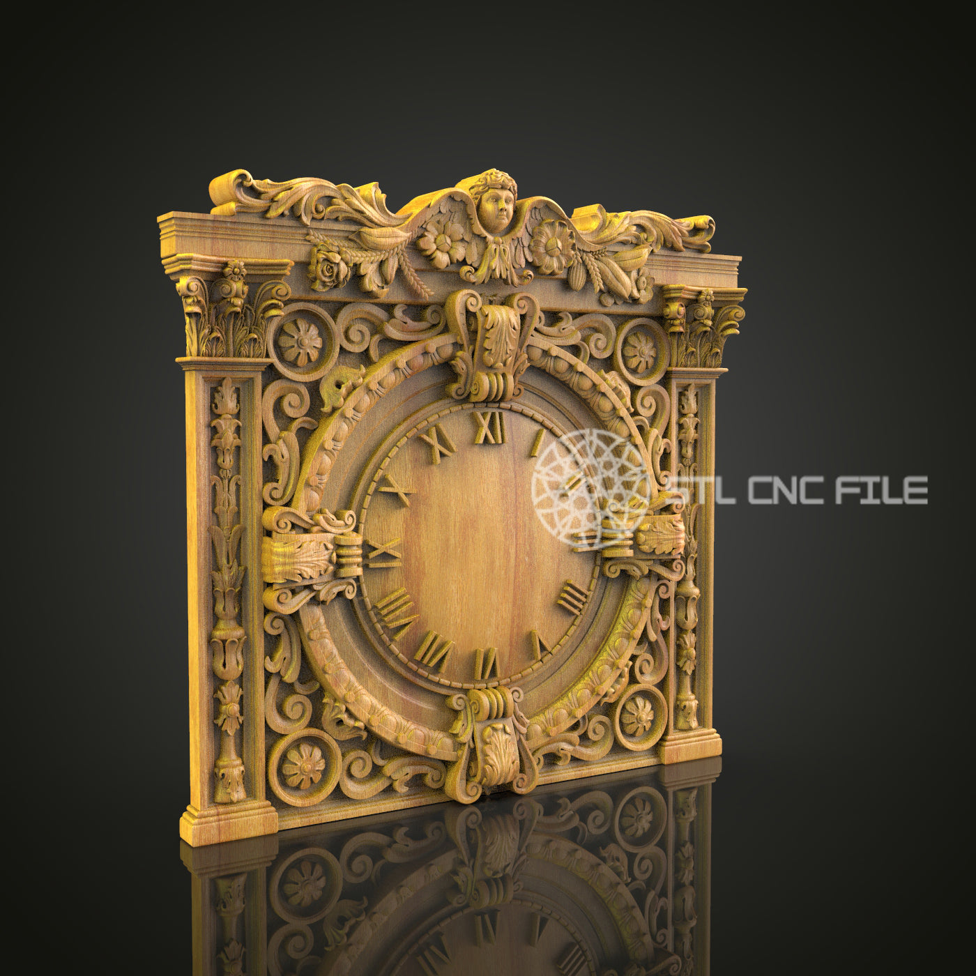 Renaissance Mantel Clock STL, CNC Carving Art, Luxe Wall Decor Design