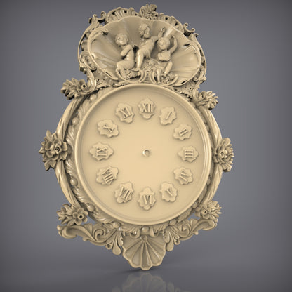 Cherub Ornament Clock STL, CNC Wall Decor, Floral Timepiece Design