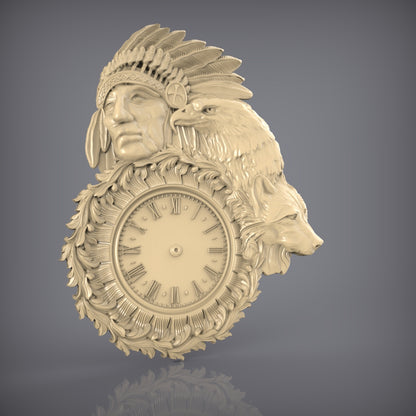 Tribal Chief Clock STL Model, CNC Router Engraving File, Artcam Aspire Artwork, Wildlife Wall Decor, Wood Carving 3D Design, CNC Digital